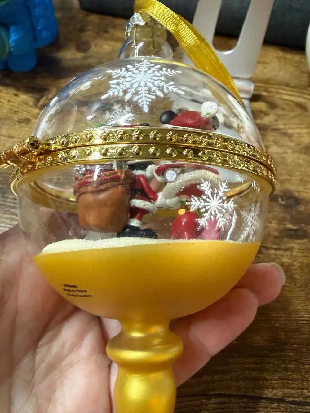 Disney Parks Santa Mickey and Minnie Hinged Glass Ornament with Gold Finial